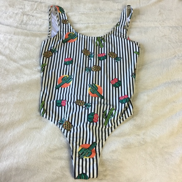 Primark Cactus & Pineapple striped one piece swimsuit, size 8 - Picture 2 of 6